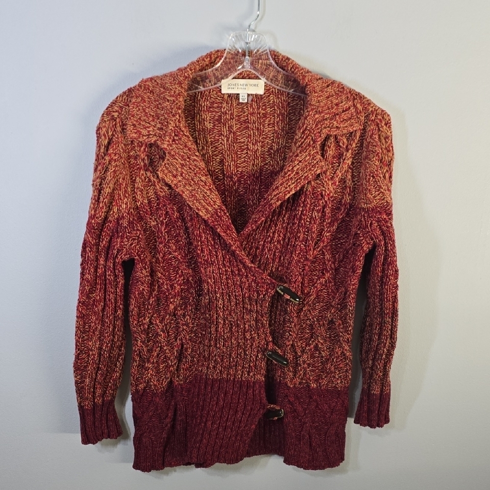 Jones New York Sweater Women's Size Petite Small PS Burguny red Tan